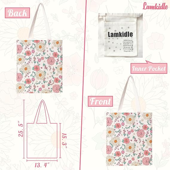 Floral Tote Bag Aesthetic Flower Canvas Bag For Women Girl Gift Cotton Canvas Tote Handbag Reusable Grocery Bag Shopping Beach Bag Travel Shoulder Bag Spring Holiday Gifts Party Favor