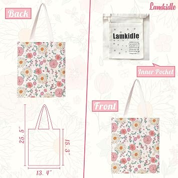 Floral Tote Bag Aesthetic Flower Canvas Bag For Women Girl Gift Cotton Canvas Tote Handbag Reusable Grocery Bag Shopping Beach Bag Travel Shoulder Bag Spring Holiday Gifts Party Favor