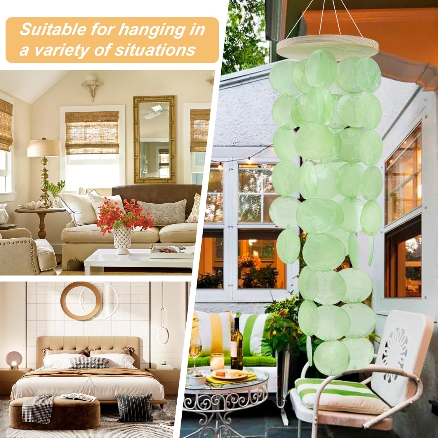 Wind Chimes for Outside, Handcrafted Green Capiz Shells Windchime Coastal Style Decor for Indoor/Outdoors, Garden Decor, Great for Women, Wind Chimes Lovers and More