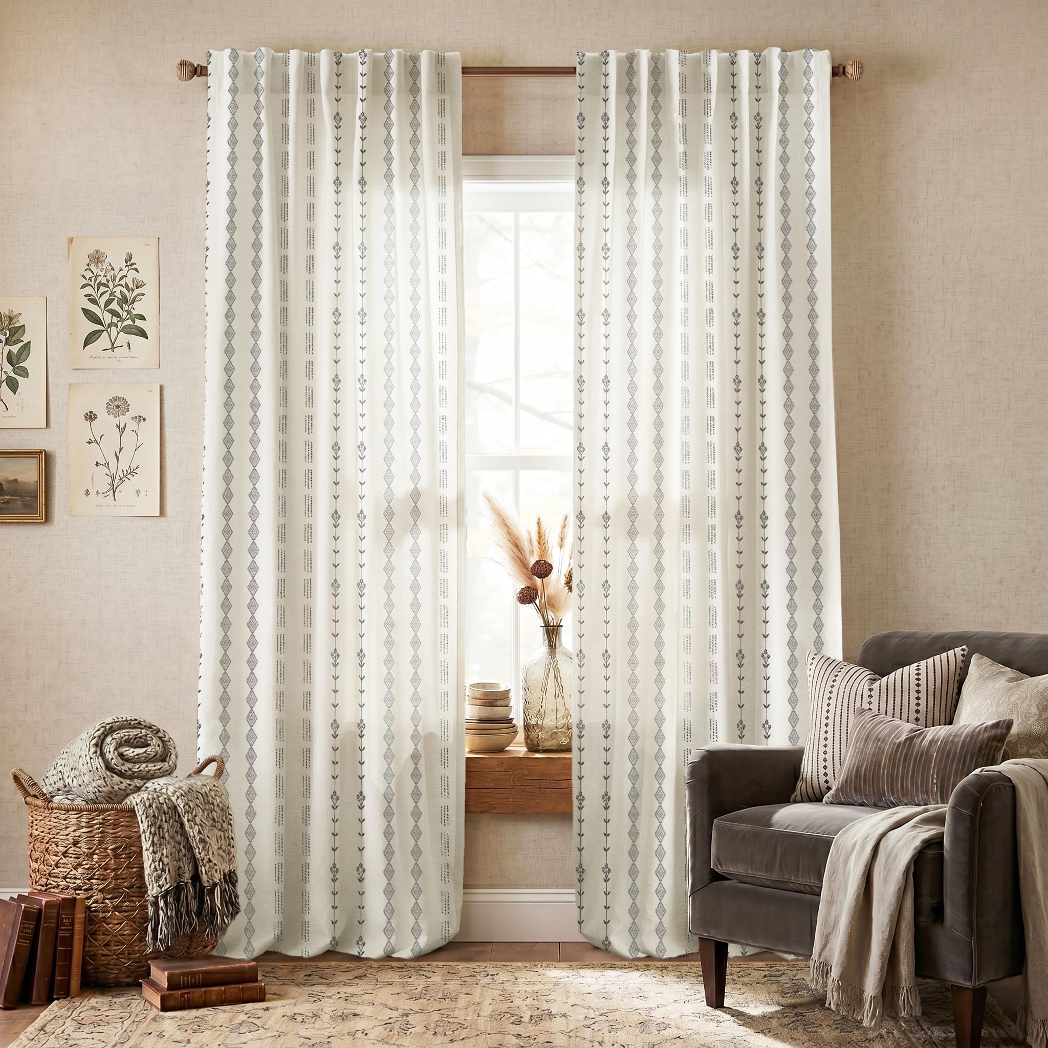 Linen Curtains 96 Inches Long,Sheer Cream Boho Floor Length to Ceiling Curtains for Living Room 2 Panel Set