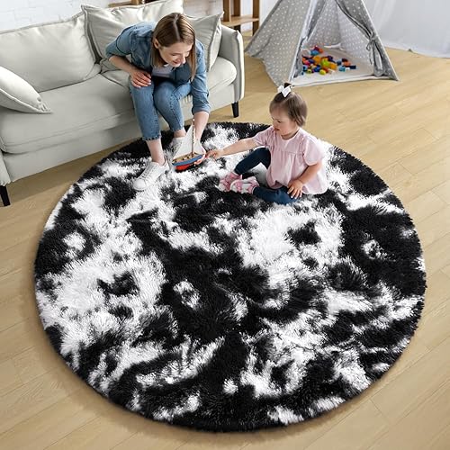 Miniatura 5 de EVOIONOS Alfombra redonda de teñido anudado blanco y negro, alfombra circular esponjosa de 4 x 4 pies para habitación de los niños, alfombra