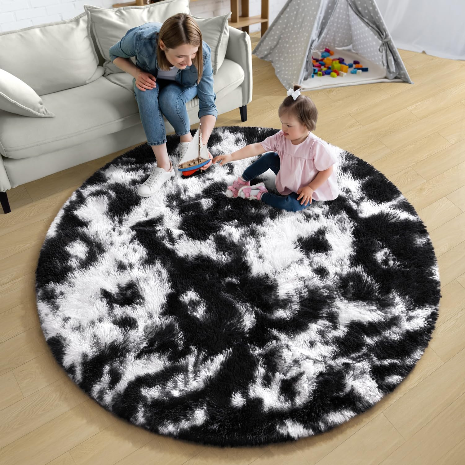 Tapis Rond Lavable Noir Et Blanc Effet Marbre - 160 Cm - Doux, Antidérapant, Parfait Pour Salon Ou Salle à Manger - 7