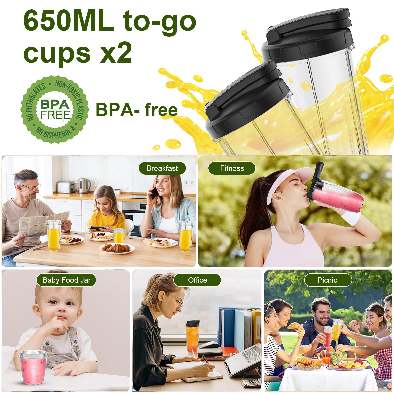Rawhui Mixer Smoothie Mixer 1300W Blender Elektrische blender met 2 flessen & 6 messen roestvrij staal, high-performance mixer voor keuken, babypap, shakes