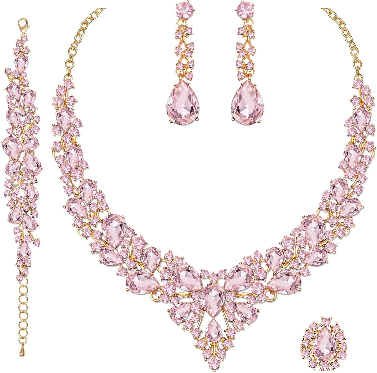 CSY 4 Pcs/Set Austrian Crystal Necklace Earrings Bracelet Ring Bridal Jewelry Sets for Brides Wedding Party Costume Accessories Gifts for Women