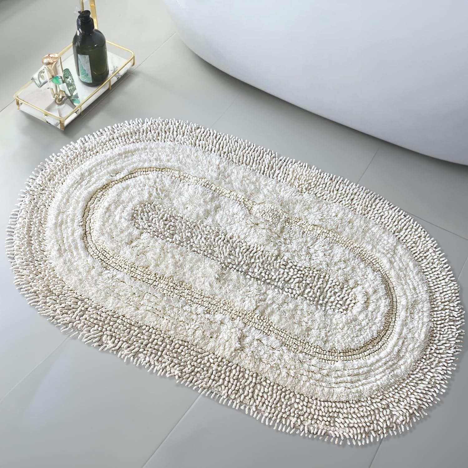 Tapis de bain beige ovale XXL - Tapis de bain extra large en coton - 80 x 150 cm - Tapis de bain et de douche doux - Pour salle de bain, douche et toilettes - Lavable en machine