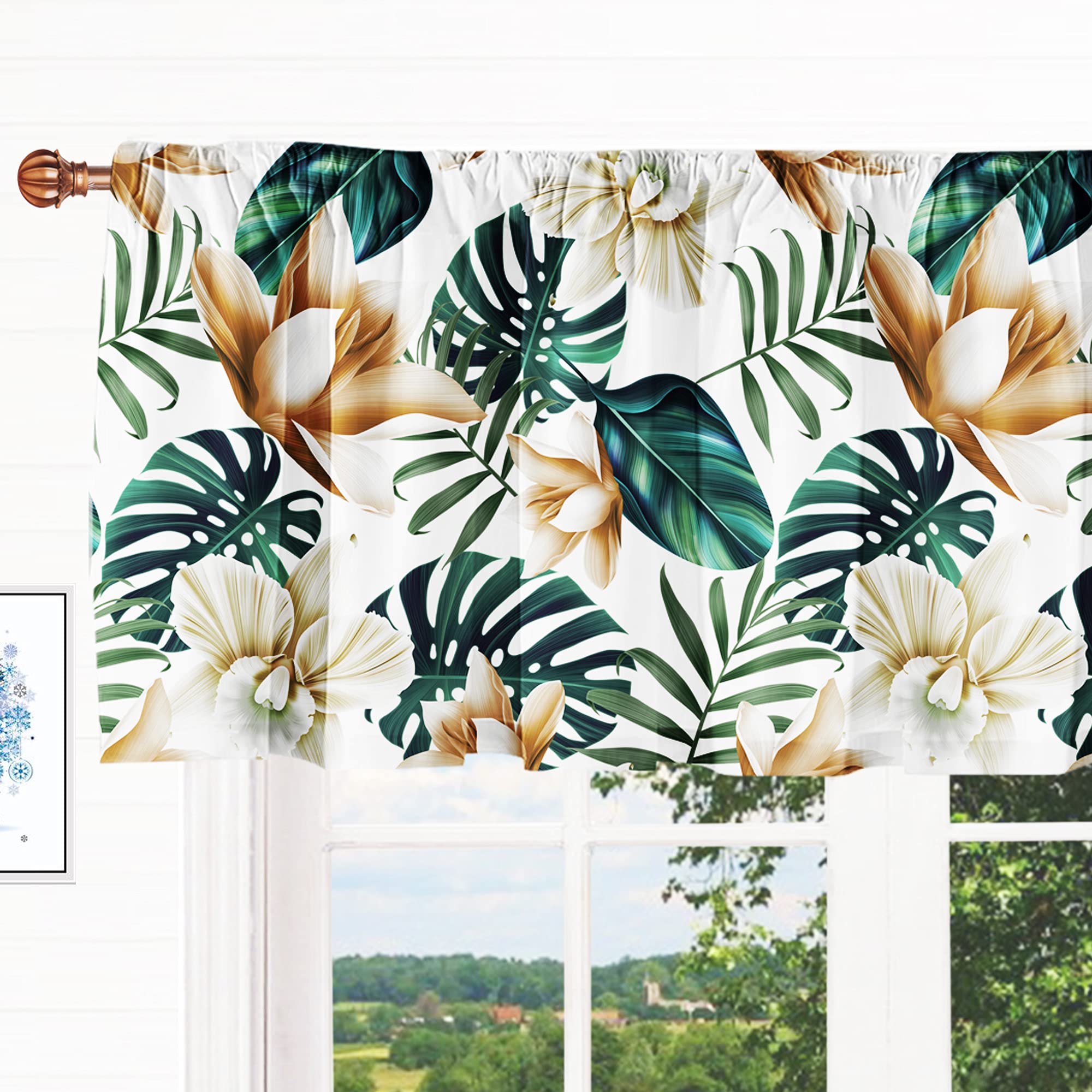 Kitchen Curtain Valance Green Palm Botanical Thermal Insulated Window Cornice Valance Topper White Floral 52x18 inch Rod Pocket Window Treatment for Living Room Laundry Nursery