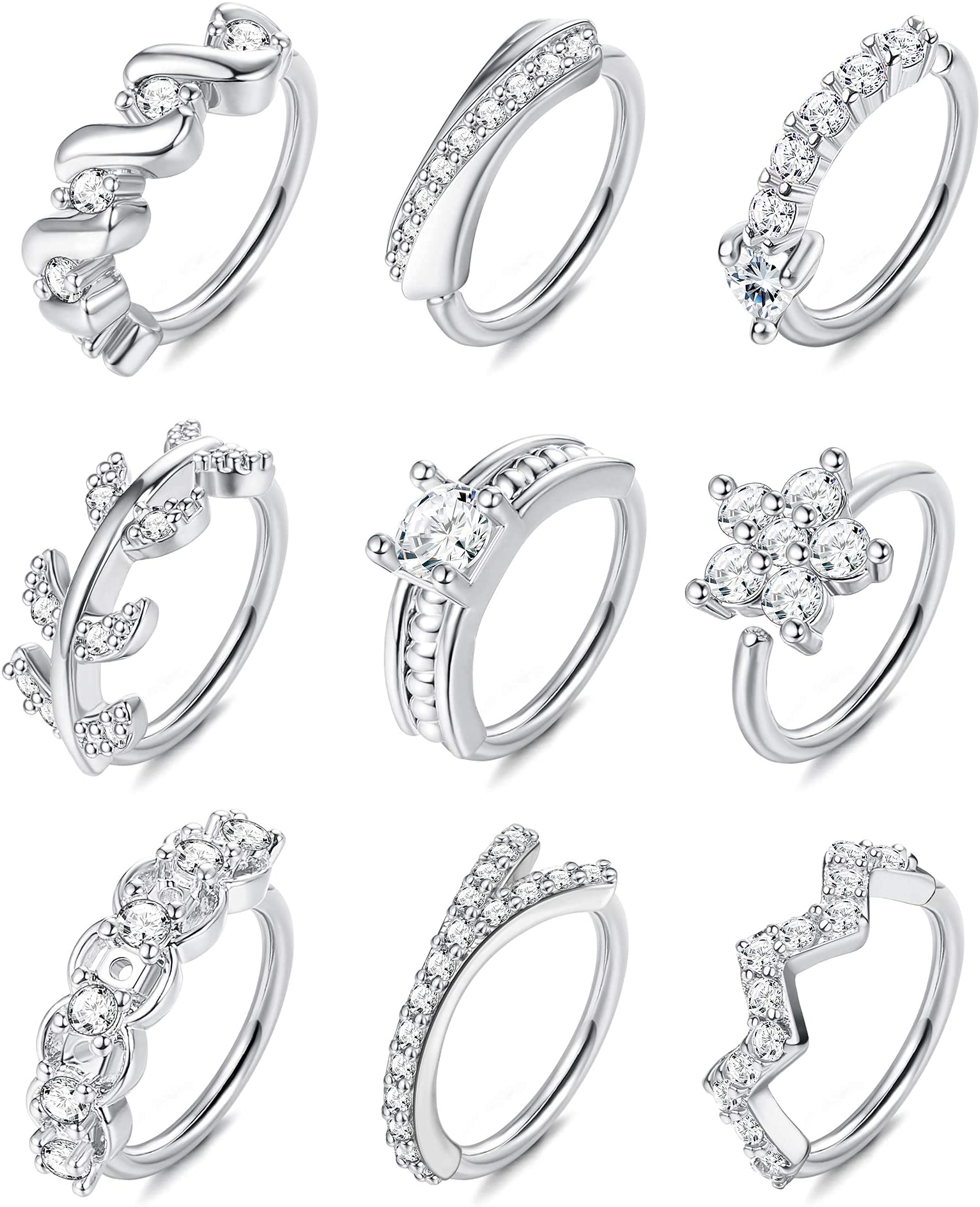 LOLIAS9 Pcs 20G Anillos De Nariz De Acero Inoxidable Aro Ppara Mujeres Hombres Pavimentado CZ Pendientes De Hélice De Cartílago Lindo Aro Piercing De Cuerpo Para Oreja de Nariz Chapado En Oro y Plata