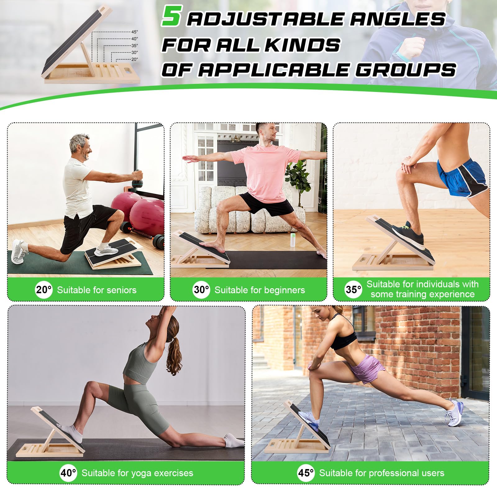 Tavoletta per Stretching in Legno Professionale con 5 Angoli Regolabili, Stretcher per Polpacci Antiscivolo, Solida Tavola di Equilibrio in Legno con Maniglia Portatile, per Casa, Palestra e Outdoor
