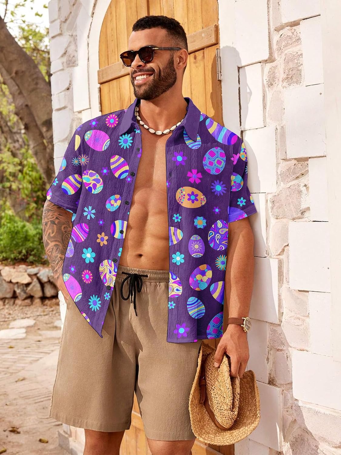 Easter Button Down Shirts for Men Funny Bunny Easter Eggs Print Short Sleeve Bowling Shirt - Image 5