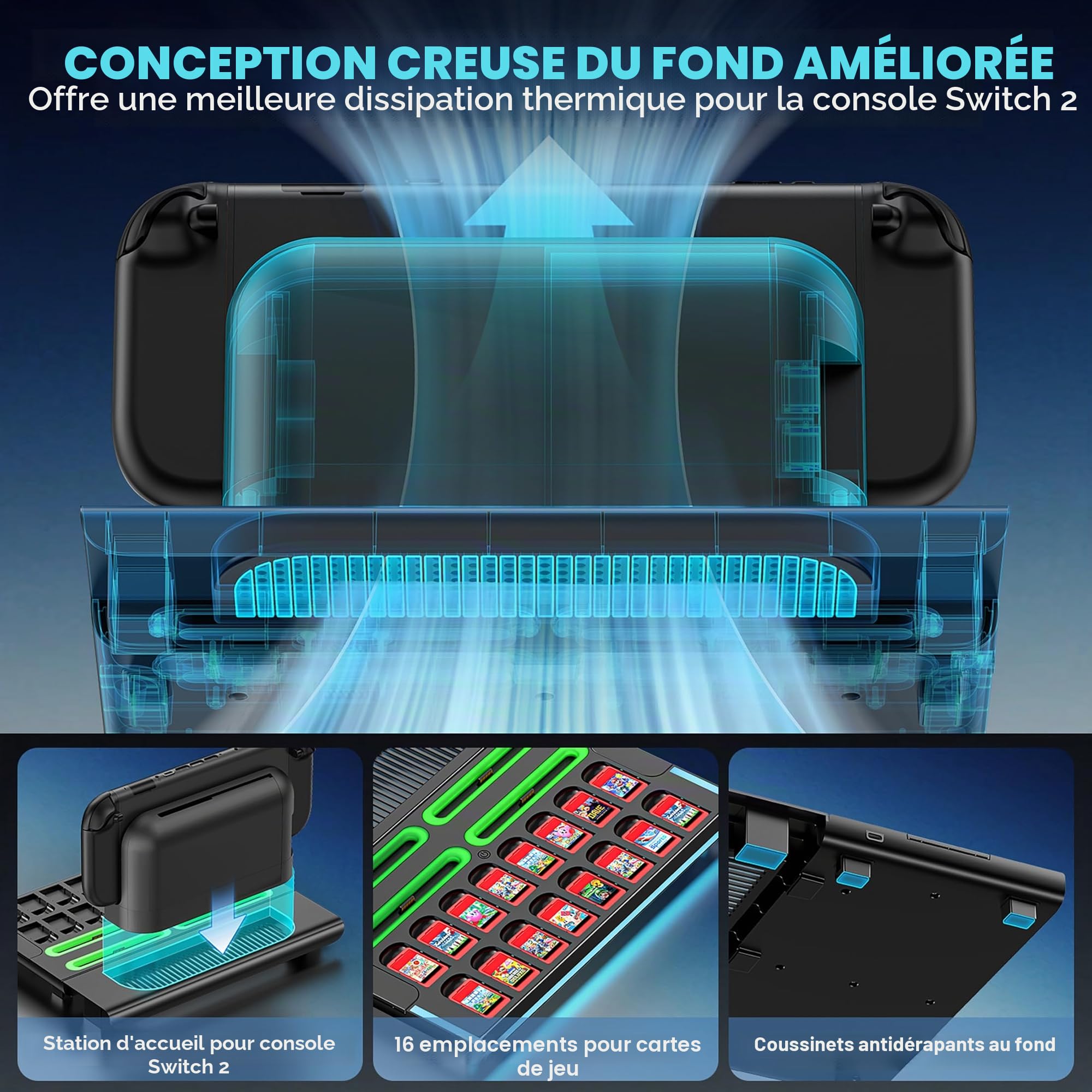 Estación de Organización para Switch 2 2025 Consola & Mando , Rápida Magnética Base de Carga para Joy-Con 2 con 9 Modos RGB, Dock de Almacenamiento para Switch 2 Accesorios para 16 Tarjetas de Juego