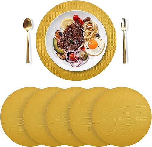 Miniatura 3 de Juego de 6 manteles individuales con vara dorada oscura, manteles individuales redondos de vinilo lavables y duraderos, 15.4 pulgadas, manteles