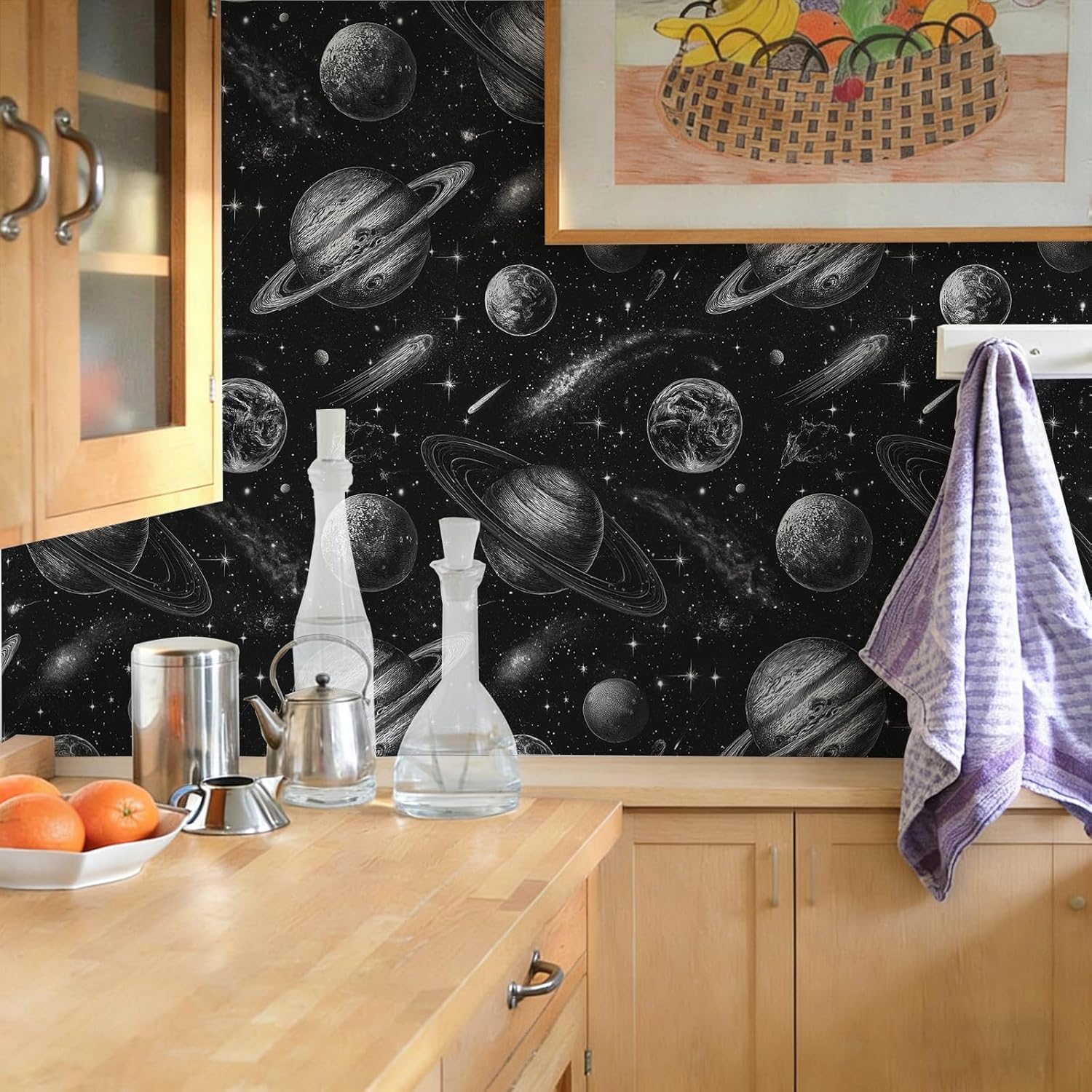 Stickorama Vintage Space Peel and Stick Wallpaper Self Adhesive 17.72" x 236.2'' Wall Paper Renter Friendly Removable Waterproof Black Celestial Galaxy Sci-Fi Accent Wall for Living Bedroom Game Room