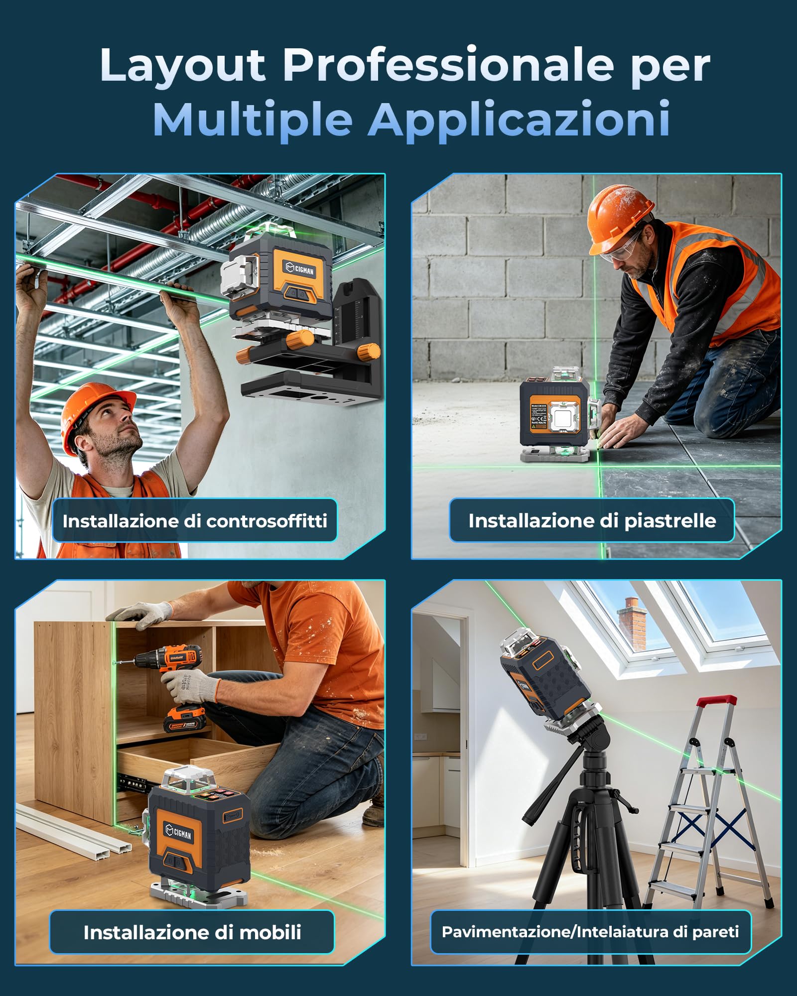 Livella Laser 4x360°Autolivellante,CIGMAN Laser Verde Intelligente con App | Telecomando, Livello Laser Professionale per Edilizia, Piastrelle, Intelaiatura, Controsoffitti – CMG16