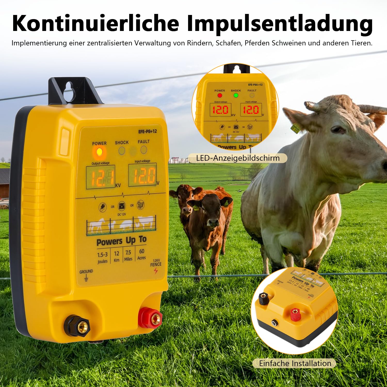 12 V Valla eléctrica con indicador LED, 1,5 – 3 julios, resistente al agua, sensor de corriente eléctrico, alcance 10 km, vallador eléctrico para ganado, ovejas, aves de corral y ganado