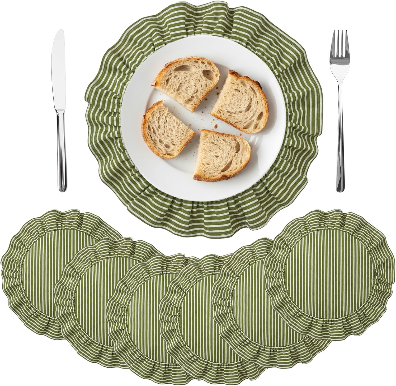 Set of 6 Round Placemats Green Striped Ruffled Circle Placemats 15 Inch Vintage Fabric Farmhouse Boho Rustic Table Mat for Summer Bachelorette Baby Shower Bridal Shower Birthday Party Picnic