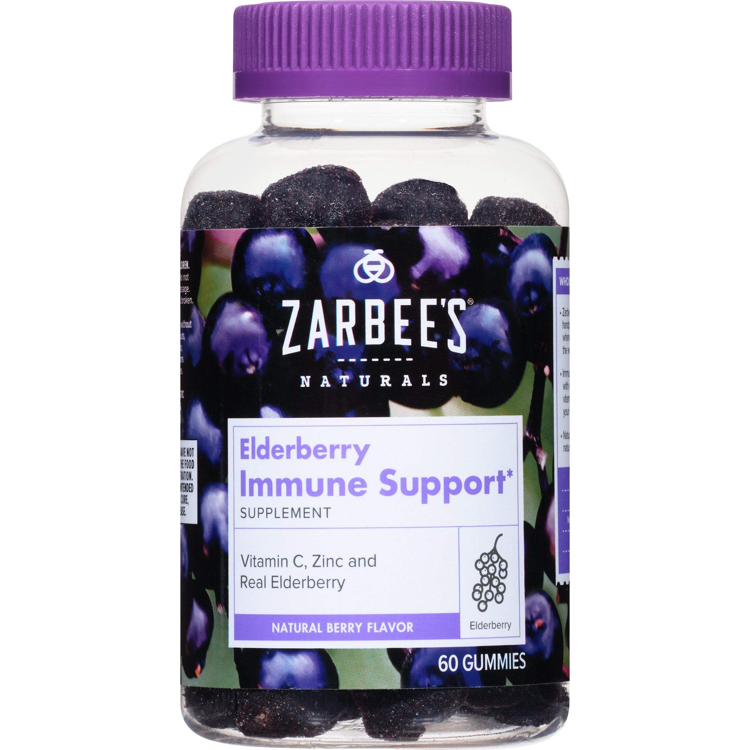 Zarbee’s Elderberry Gummies Daily Immune Support Supplement with Vitamins A C D E & Zinc, Black Elderberry Extract, Natural Berry Flavor, Vegetarian, Gelatin-Free, 60 ct
