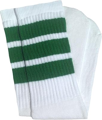 SKATERSOCKS American Made Knee high White tube socks with Green stripes style 1 for Women, Men, and all Individuals