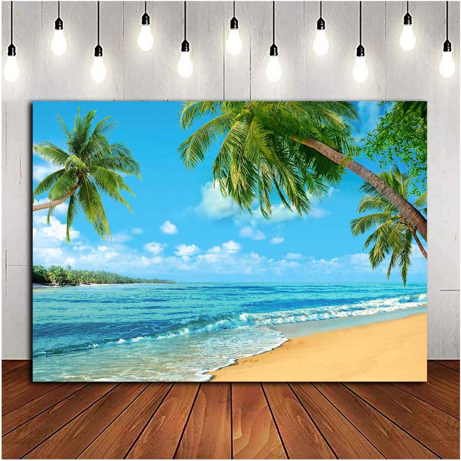 Summer Tropical Hawaii Palm Tree Or Beach Photography Backdrops 7X5FT Blue Sea Sky Sunshine Luau Party Photo Background Wedding Bride Shower Baby Birthday Party Banner Supplies Props Vinyl