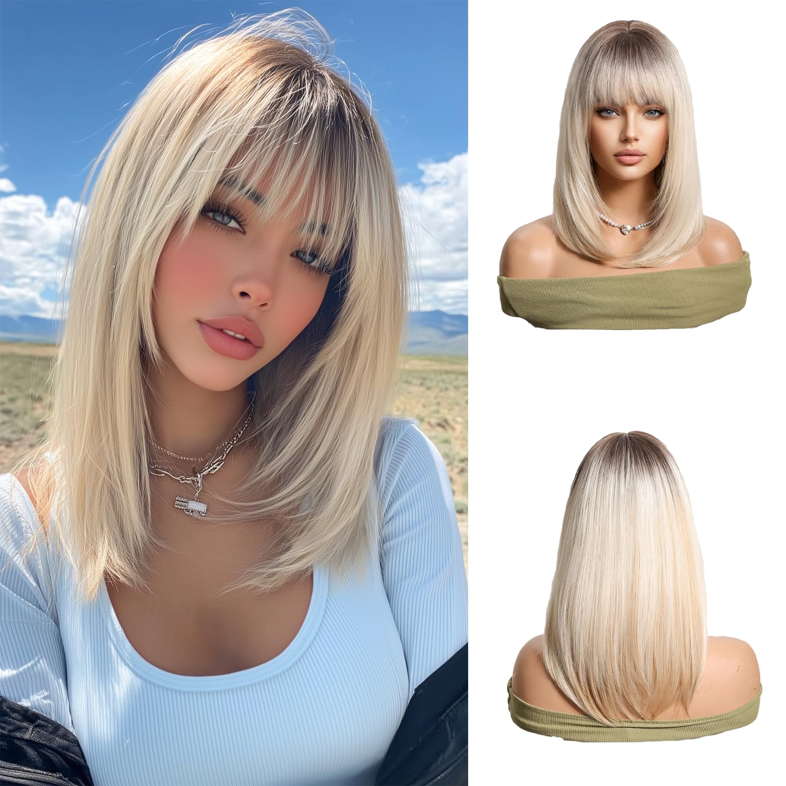 Aecaeceo Blonde Bob Wig with Bangs Ombre Blonde Wigs for Women Short Straight Wig Synthetic 14 Inches Layered Wig Blonde Highlight Hair Replacement