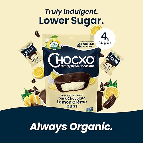 Miniatura 5 de Chocxo Tazas de Crema de Limón y Chocolate Oscuro  Menos Azúcar, Cacao Orgánico 72%, Sin OGM, Keto, Sin Gluten, Kosher, Sin Edulcorantes