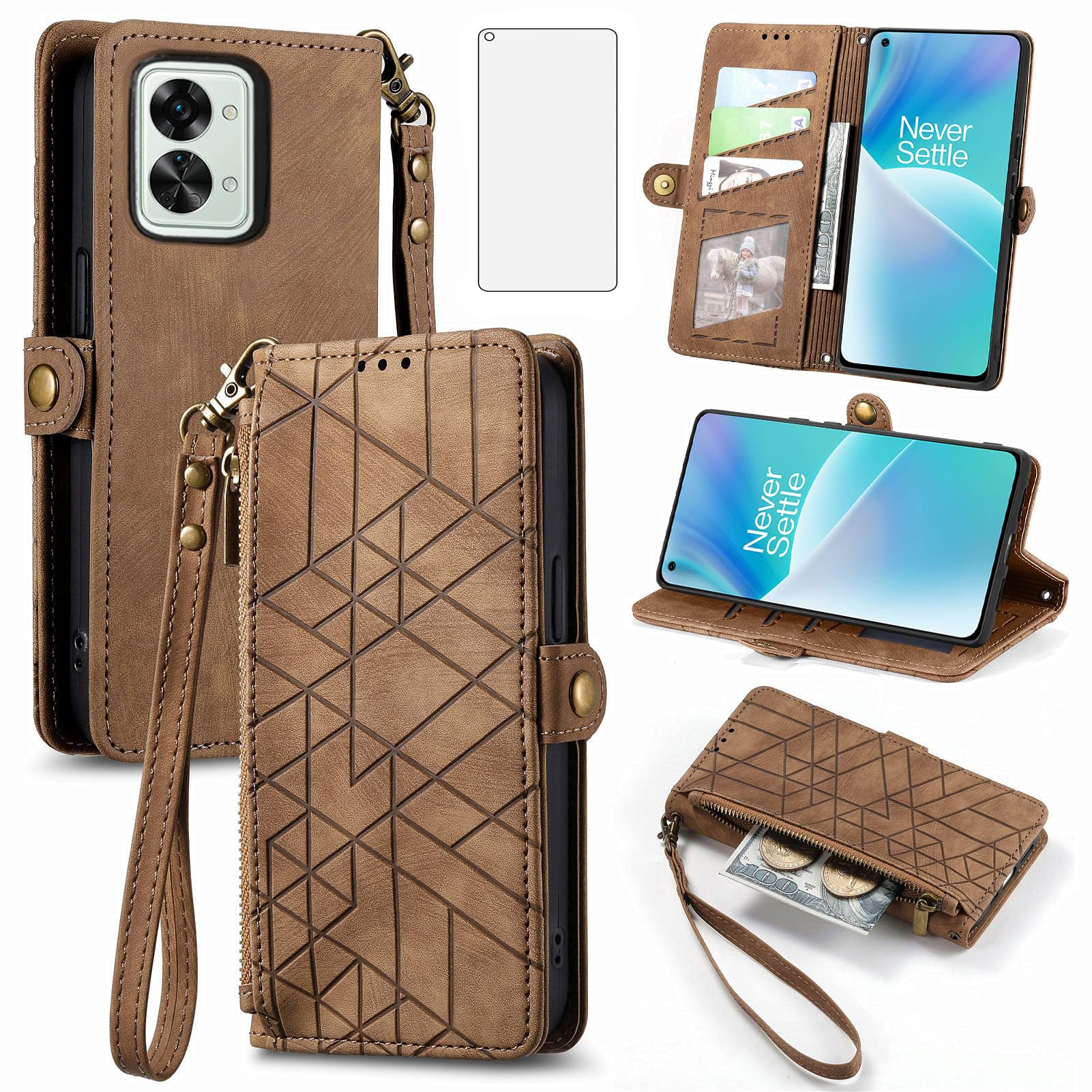 Asuwish Phone Case for OnePlus Nord 2T 5G Wallet Cover with Tempered Glass Screen Protector and Flip Zipper Credit Card Holder Stand Cell One Plus On 1 Plus 1plus One+ 1+ Nord2T T2 Women Men Brown