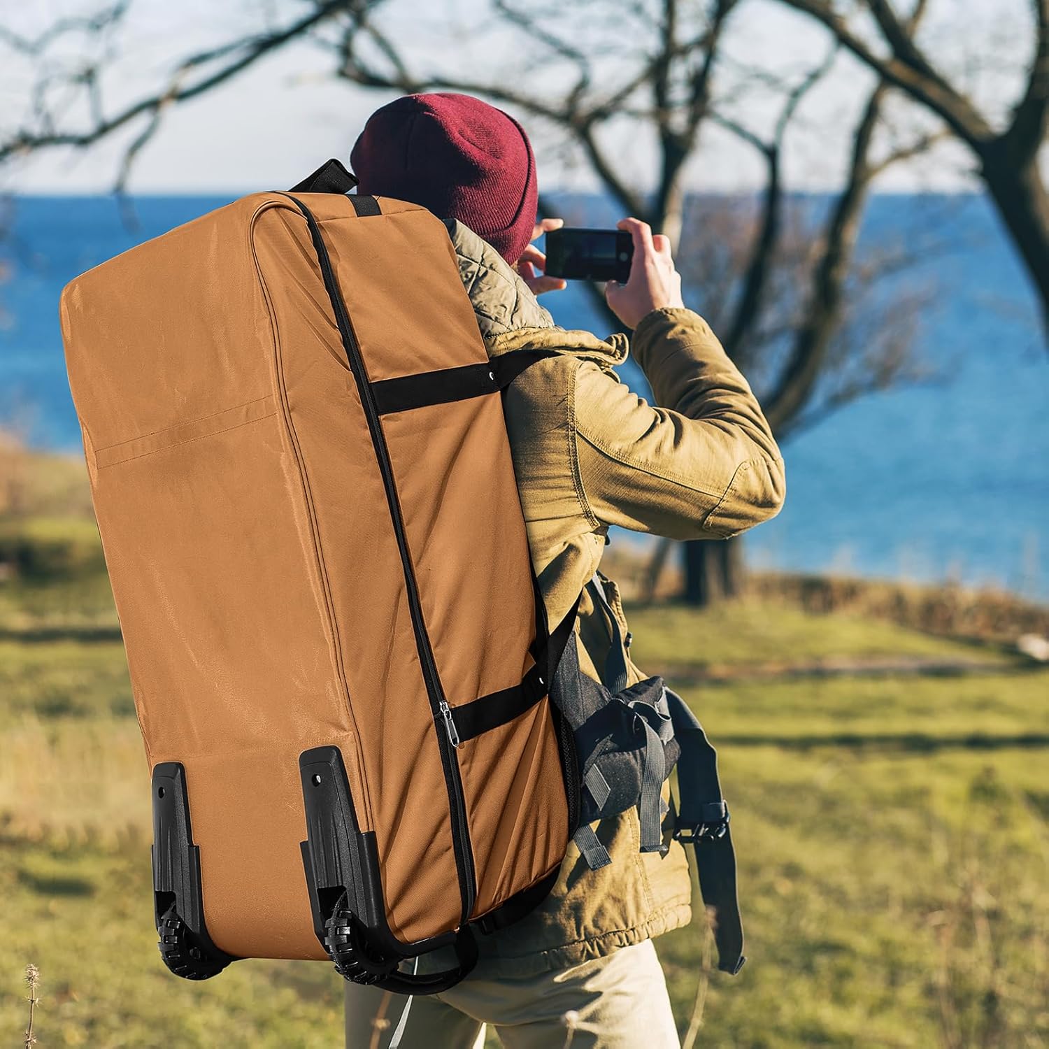 32" Soft-Sided Foldable Wheeled Duffle Bag, 110L Expandable 140L Rolling Travel Bag with Matching Storage Pouch, Updated Brown