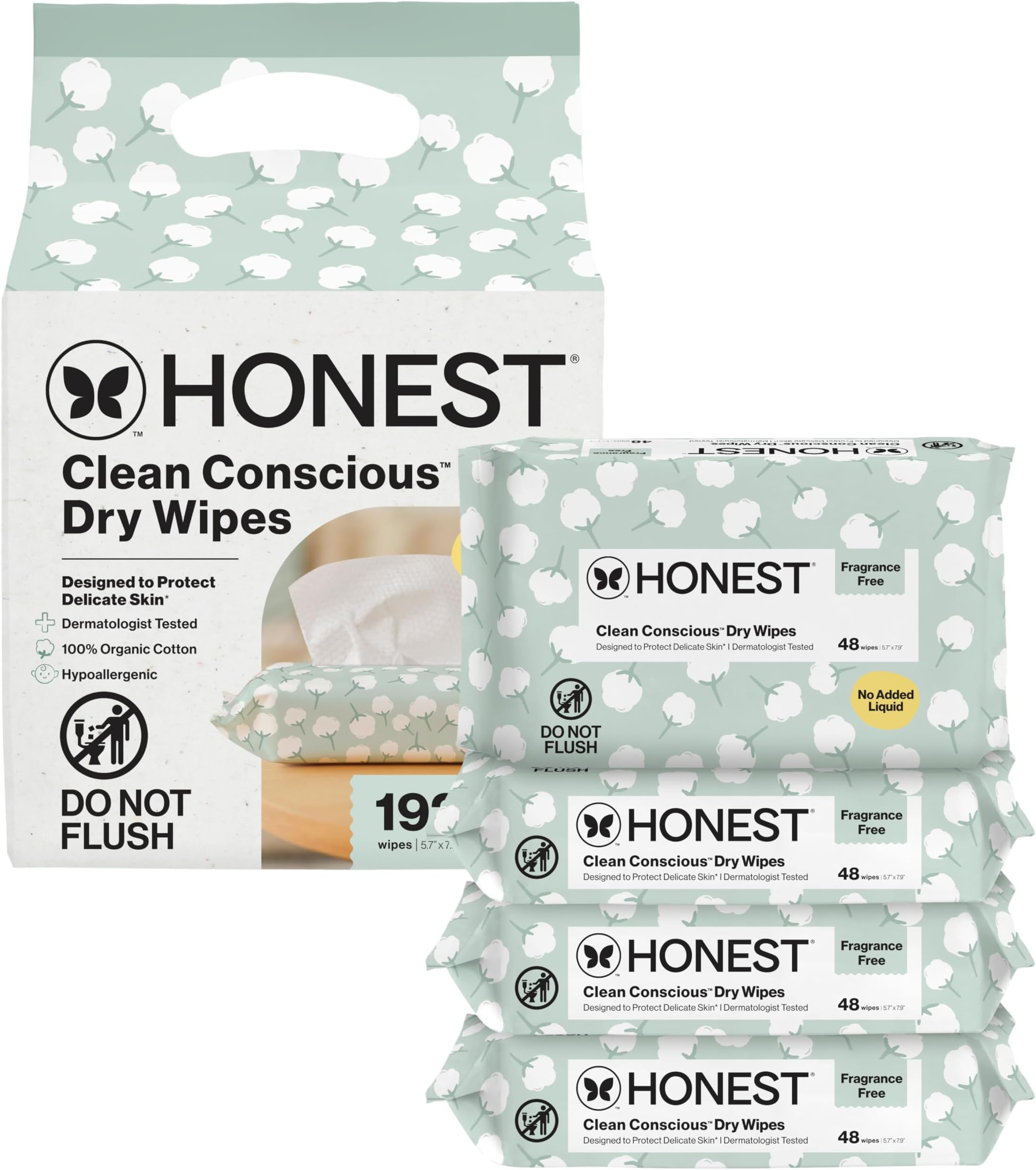 100% Pure Organic Cotton Dry Wipes, Hypoallergenic, Multi-Use, Baby Facial Cloths, 192 Count