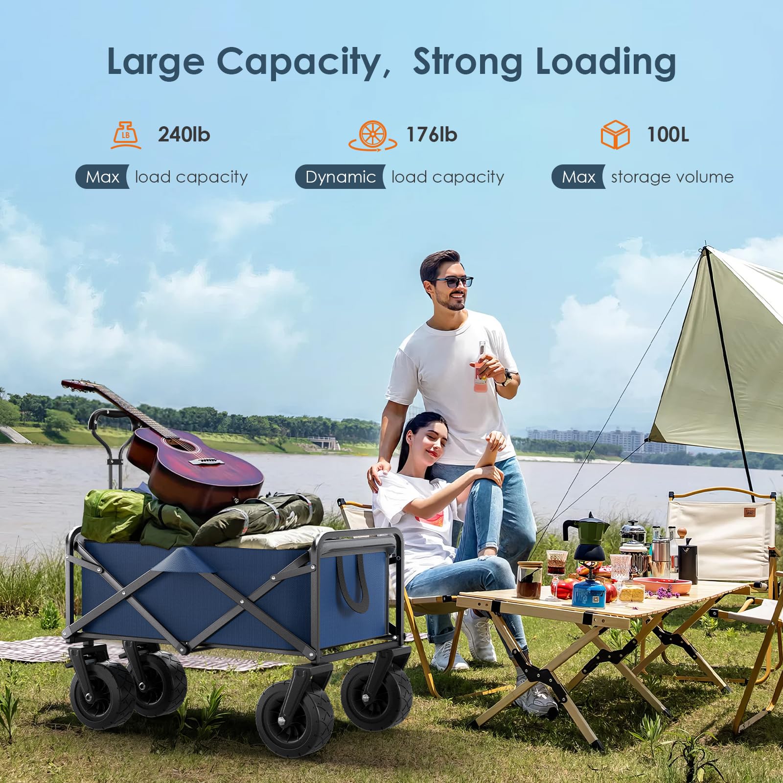 Taphnw 100L Chariot de Transport Pliable, Charge maximale de 110 kg, Chariot Jardinage de Plage avec Poignée Réglable, Tissu Oxford 600D, Voiture Pliante pour Tout Terrain, Plage, Camping (Bleu)