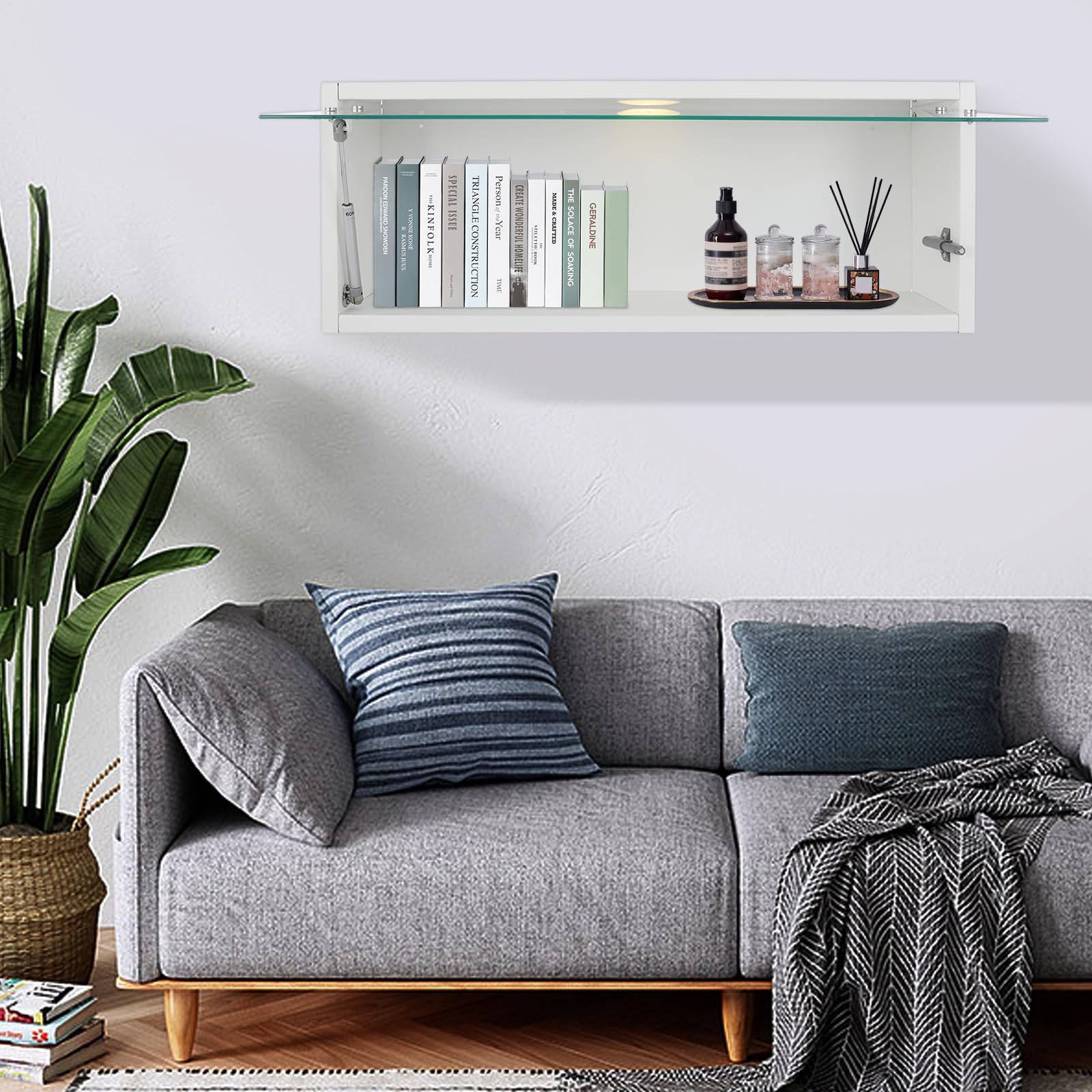 Wandschrank Aufbewahrungsschrank mit LED Licht Wandregal Hängeschrank mit Temperglas Tür Küchenschrank mit USB Ladefunktion für Küche Wohnzimmer Schlafzimmer Wandmontage Stauraum (Weiß, 80*18*30cm)