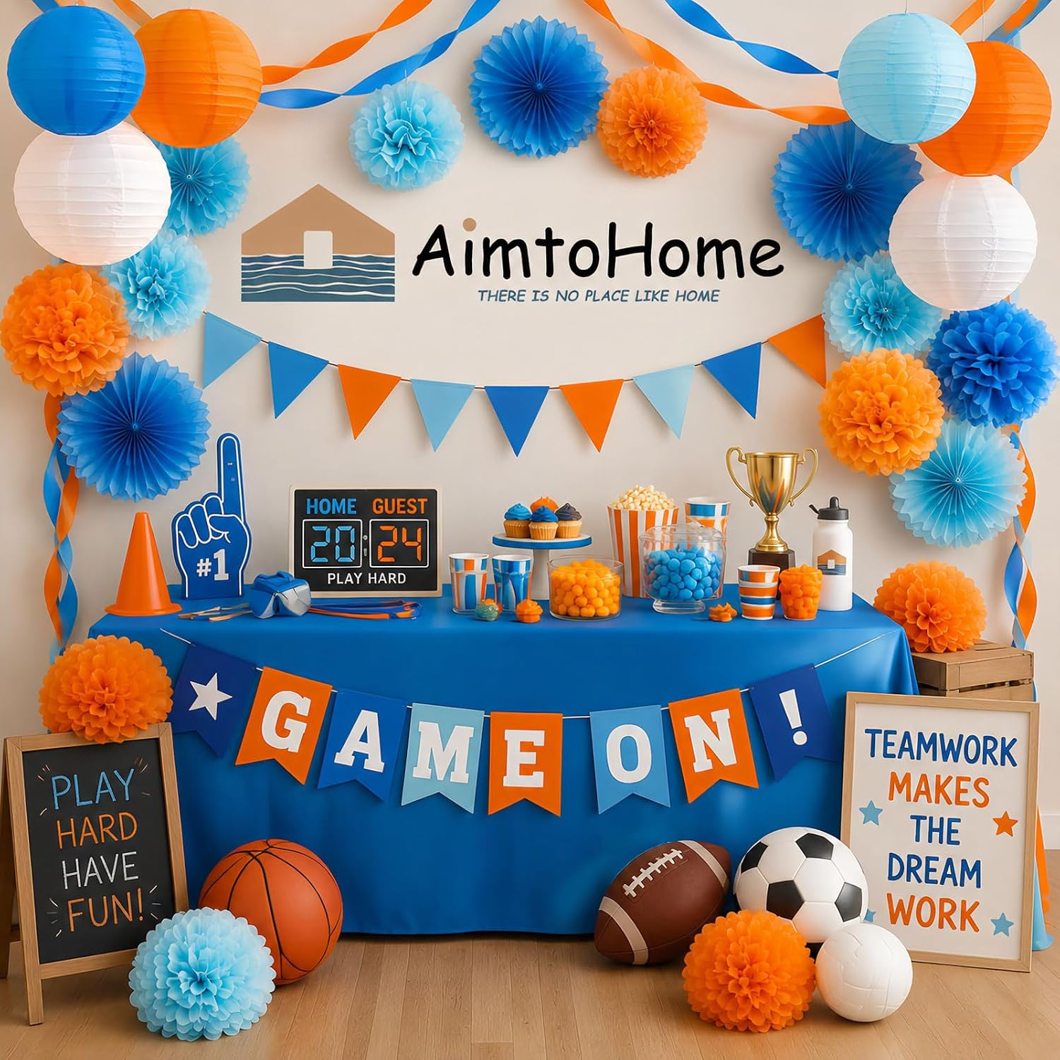 Aimtohome Blue Orange Pom Poms Party Decorations, 12 PCS Tissue Pom Poms for Birthday Party, Family Gathering,Wedding,Boy or Girl Nursery Classroom Decoration