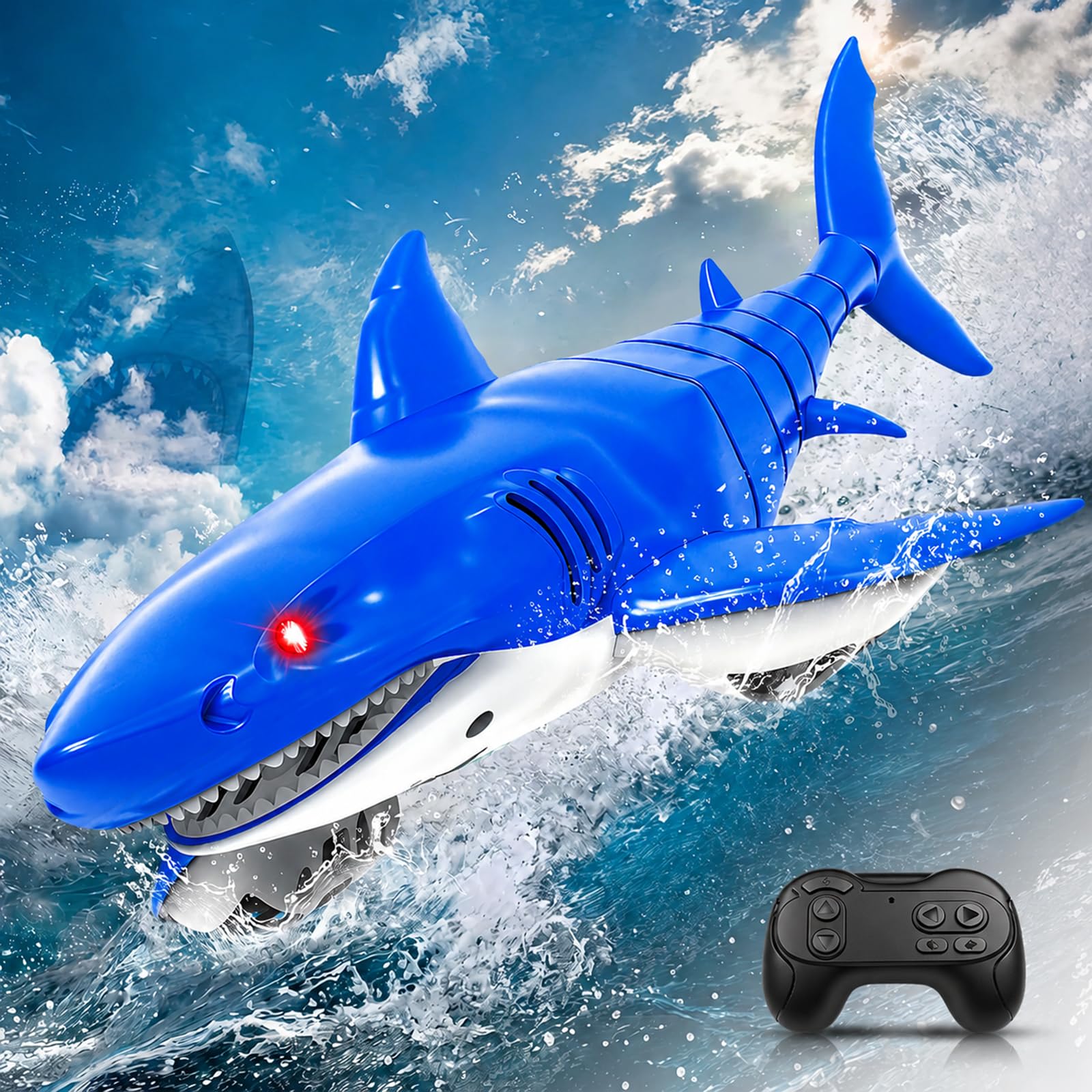 KOKODI RC Robo-Hai ab 3 Jahren – Ferngesteuerter Schwimmhai mit LED-Augen, 30 Min Laufzeit, spritzwassergeschützte Fernbedienung, USB-C-Ladeanschluss – für Pool & Strand(Hellblau)