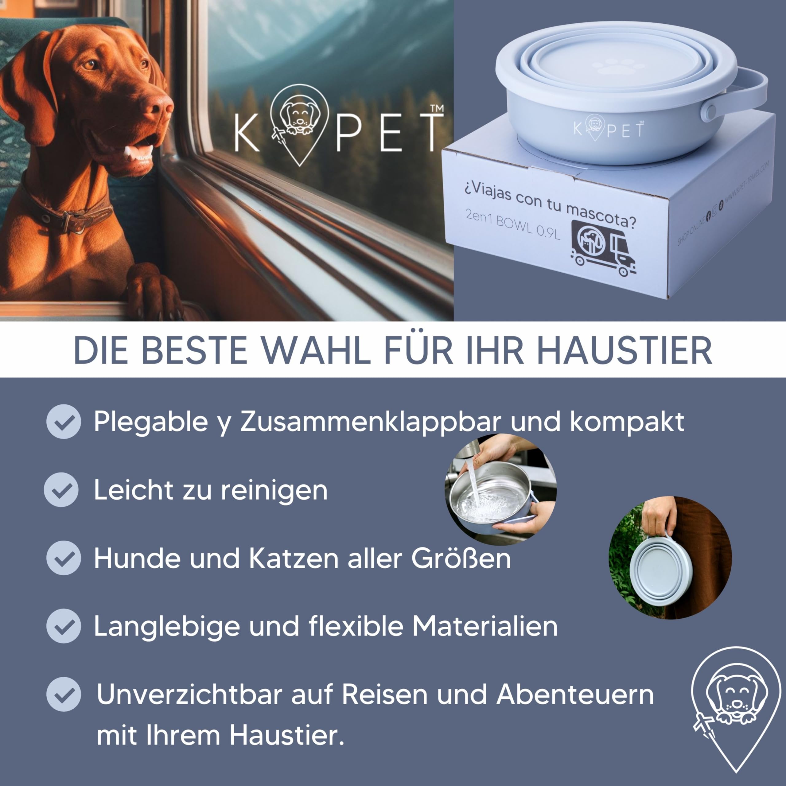 KPET® 2-in-1 Hundenapf Faltbar Für Unterwegs, Futternapf Hund Ideal Für den Alltag, Trinknapf Für den Hund - Reisenapf 900ml, Hundenäpfe Faltbare Reiseschale Edelstahl, Silikon, rutschfest