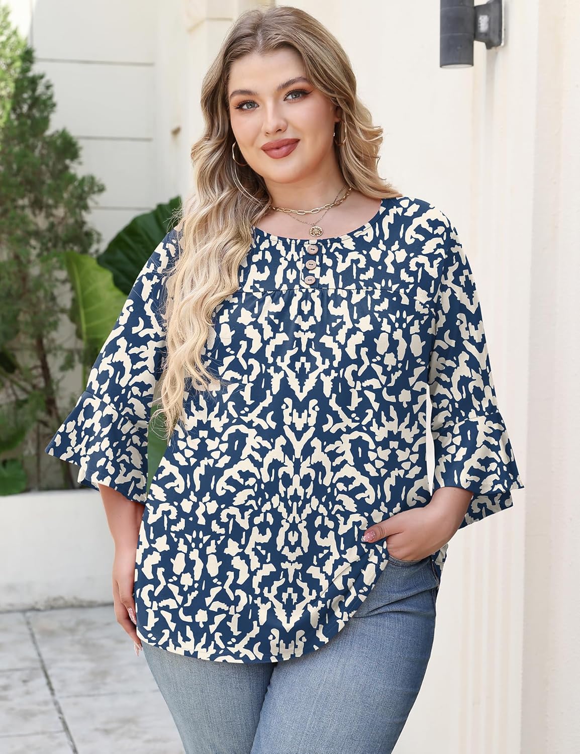 Rapbin Plus Size Tops for Women 3/4 Ruffle Sleeve Crew Neck Button Down Pleated Blouses Casual Fashion Tunic (1X-5X) - Image 5