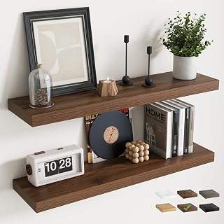 36 Inch Floating Shelves for Wall 2 Pack, 8"D Wood Grain Bathroom Shelves | Invisible Brackets, Walnut Finish, Easy Install | Engineered Wood Storage Shelves for Kitchen, Study, Bedroom