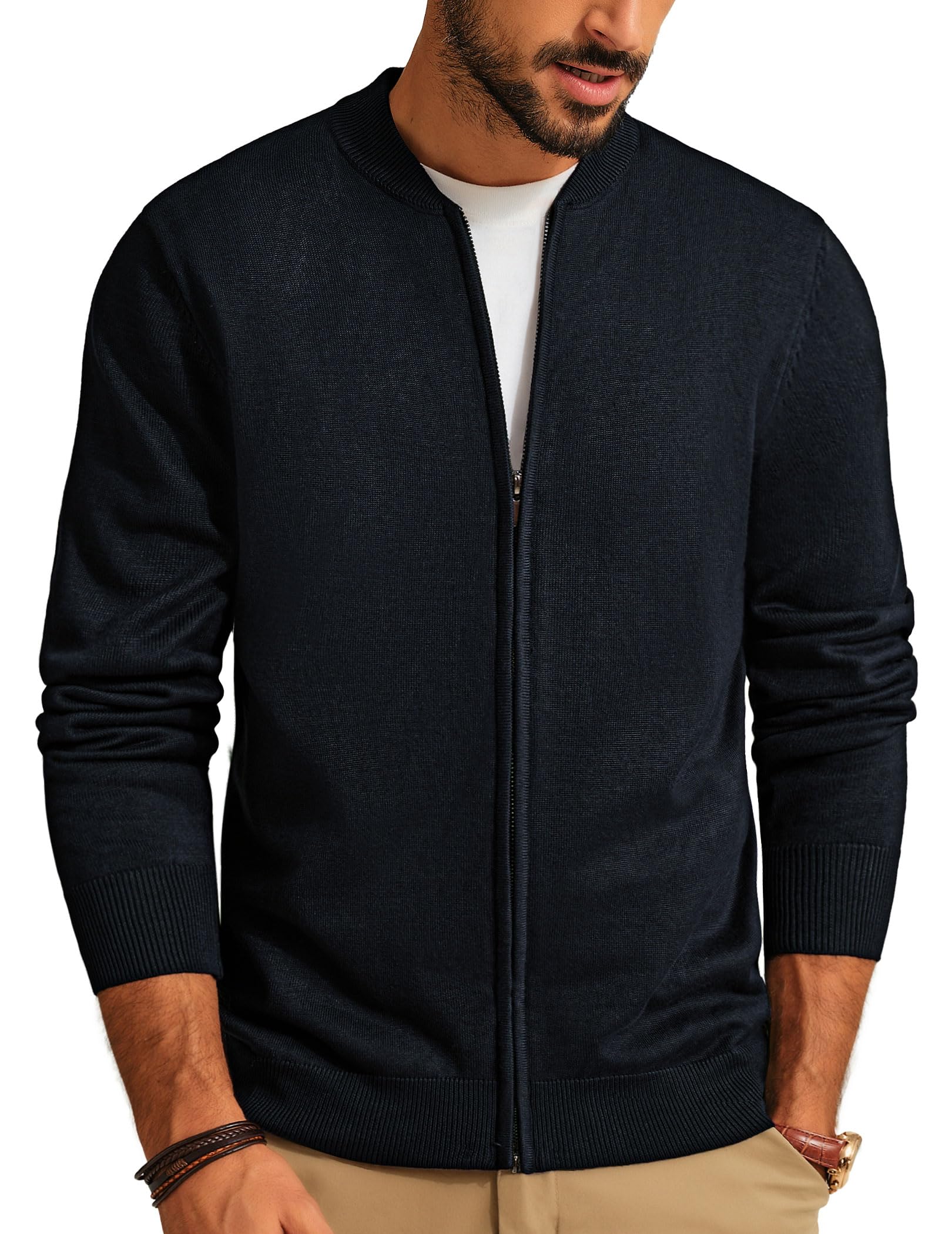 Mens Stand Collar Cardigan Sweater Zip Up Sweater Jacket Outerwear Dark Blue, XL-image-42