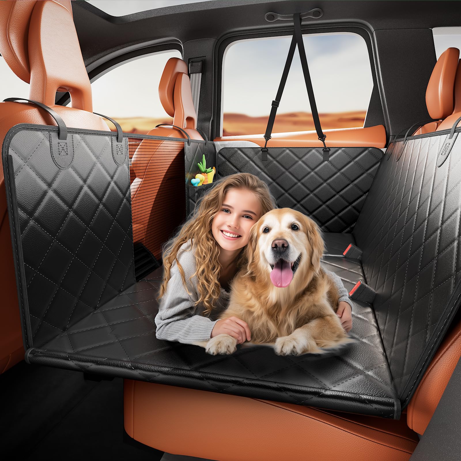 Powools Hundedecke Auto Rückbank, 600D Reißfest, 130 x 62cm | Limousine, LKW, SUV Rückbank, Hundehängematte, Netzfenster, Wasserdicht, Rutschfeste Unterseite, Kratzfest, Schwarz