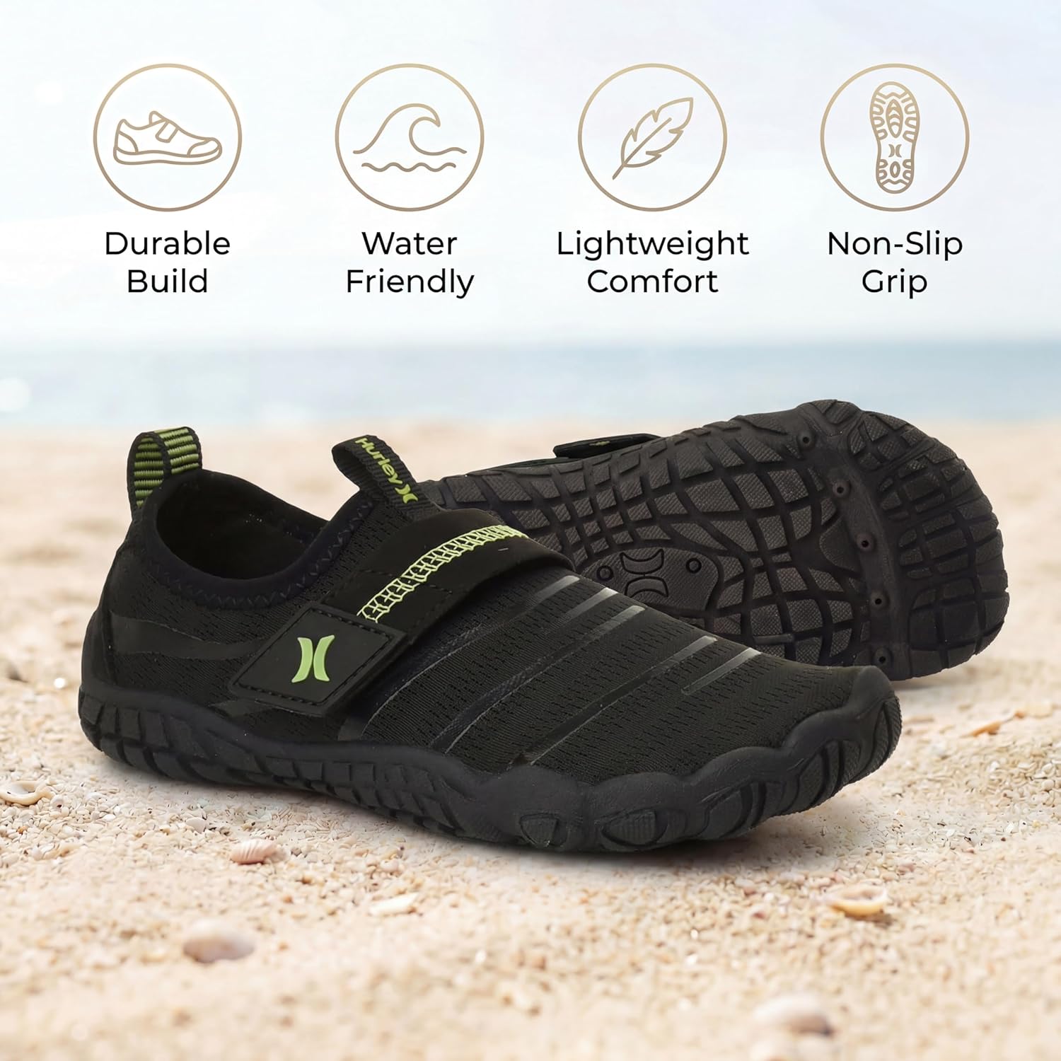 Hurley Kids Water Shoes – Quick-Dry Breathable Aqua Socks with Adjustable Strap & Grip Sole for Beach, Pool, River & Summer Outdoor Play- Windy