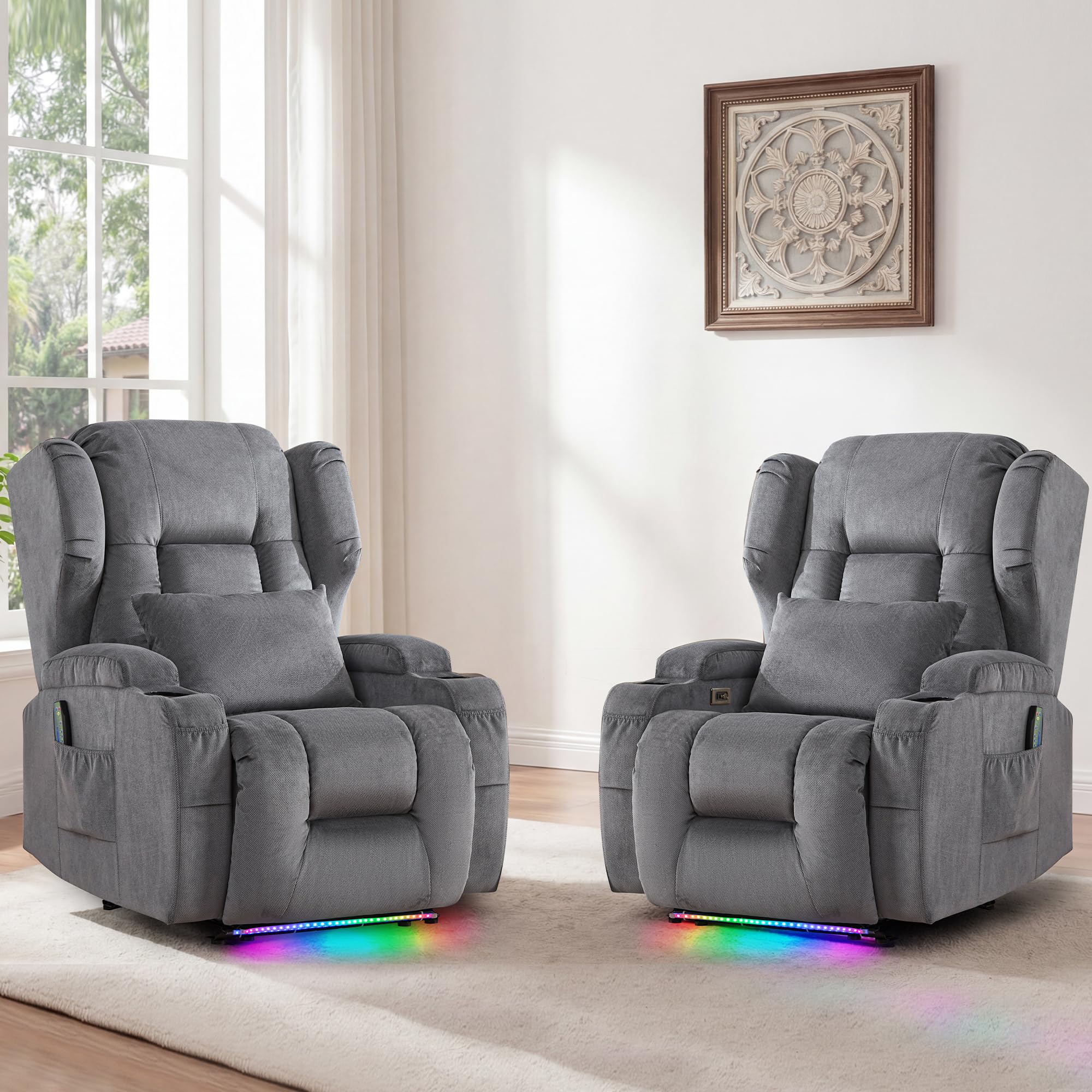 BINGTOO Power Recliner Chair with Massage &amp; Heat, Electric RV Wall Hugger Fabric Chair for Living Room, Home Theater with LED Lights, USB-C Ports &amp; Cup Holders, Gray, 2 Chairs