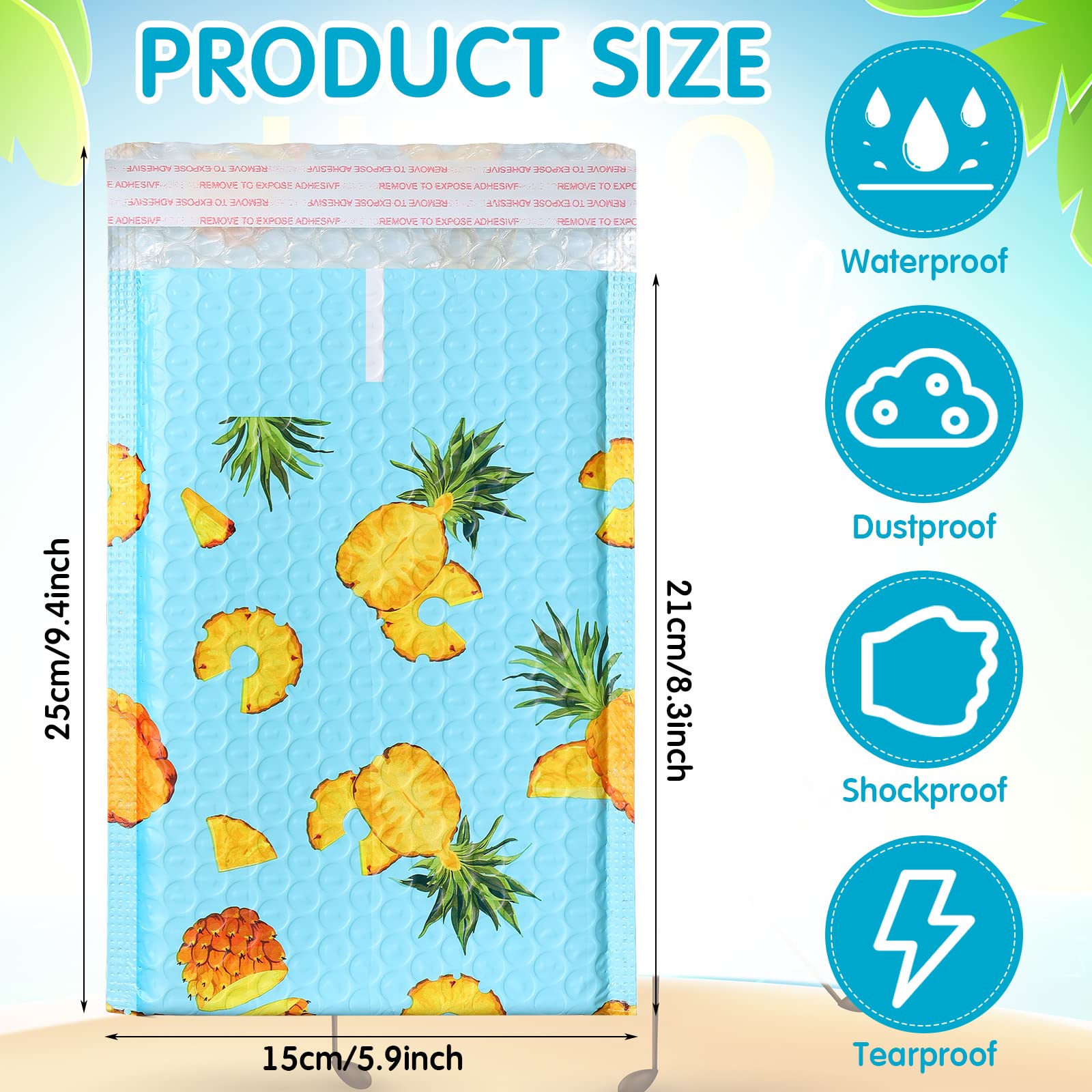 100 Pcs 10 x 6 '' Bubble Poly Mailers Padded Envelopes Pineapple Self Adhesive Shipping Bags Mailers Bags Waterproof Packages Colorful Mailing Envelopes for Small Business Makeup Jewelry Cosmetic