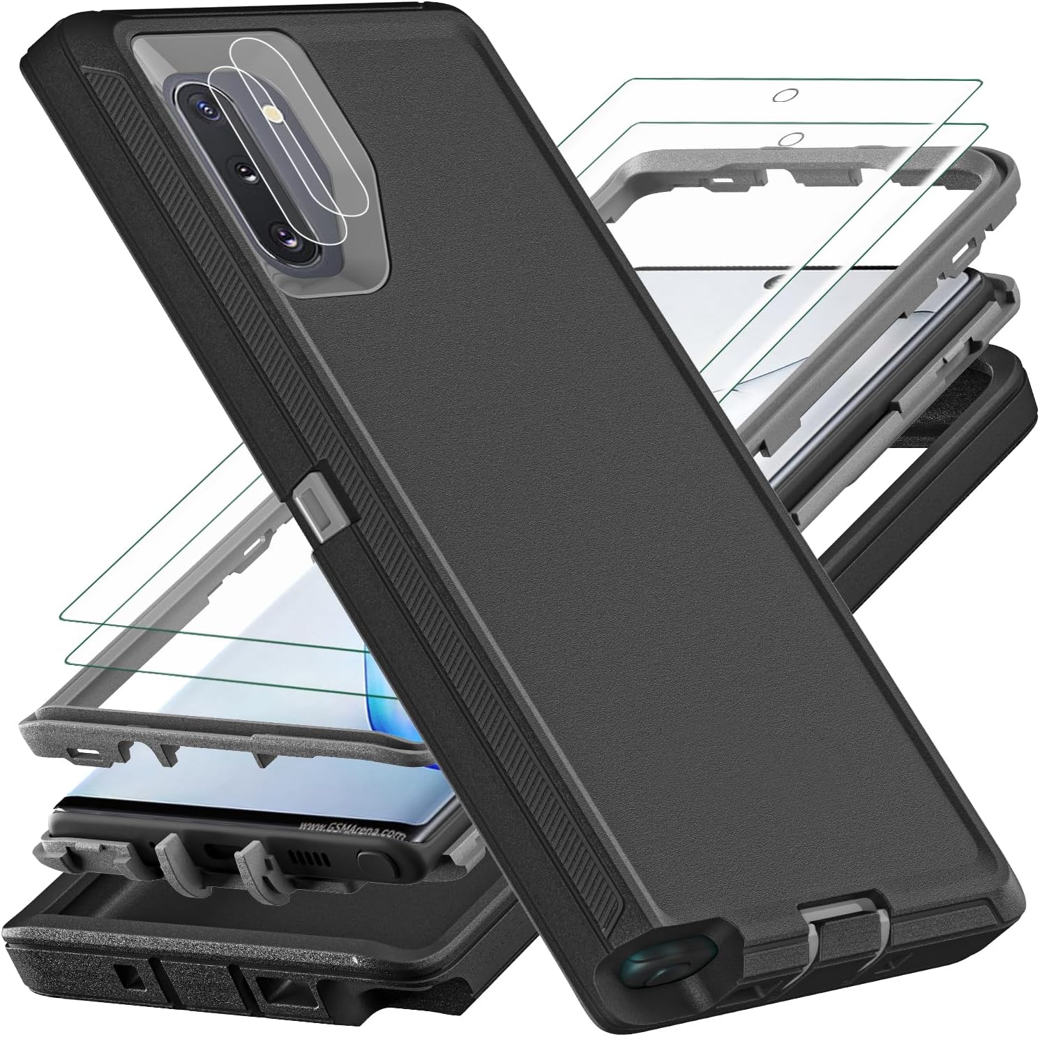- YKHJKLEC for Samsung Galaxy Note 10 Case, ONLY, [NOT FIT Galaxy Note 10 Plus], with 2Pcs [Self Healing Flexible TPU Screen Protector & Camera Lens Protector], Military Grade (Black/Grey)