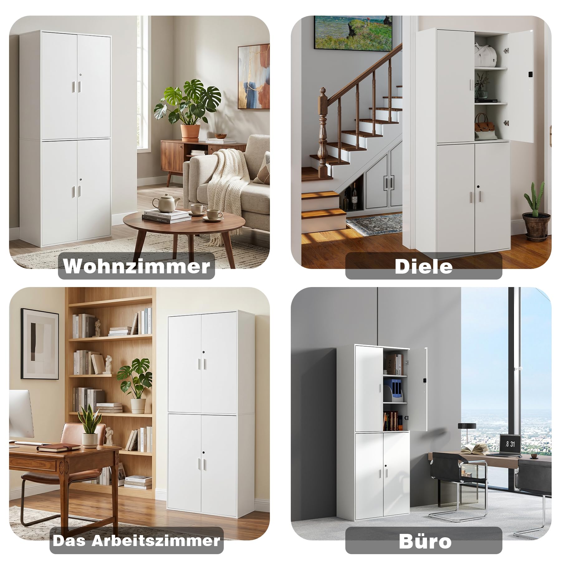 1 Pezzo Mobiletto in Legno con Serratura 4 Ante e 6 Ripiani, Armadio Ufficio Salvaspazio Ideale per Riporre Attrezzi/Alto/Perfetto Ufficio/Camera da Letto/Soggiorno/Bagno/Garage/Bianco/78x40x200CM