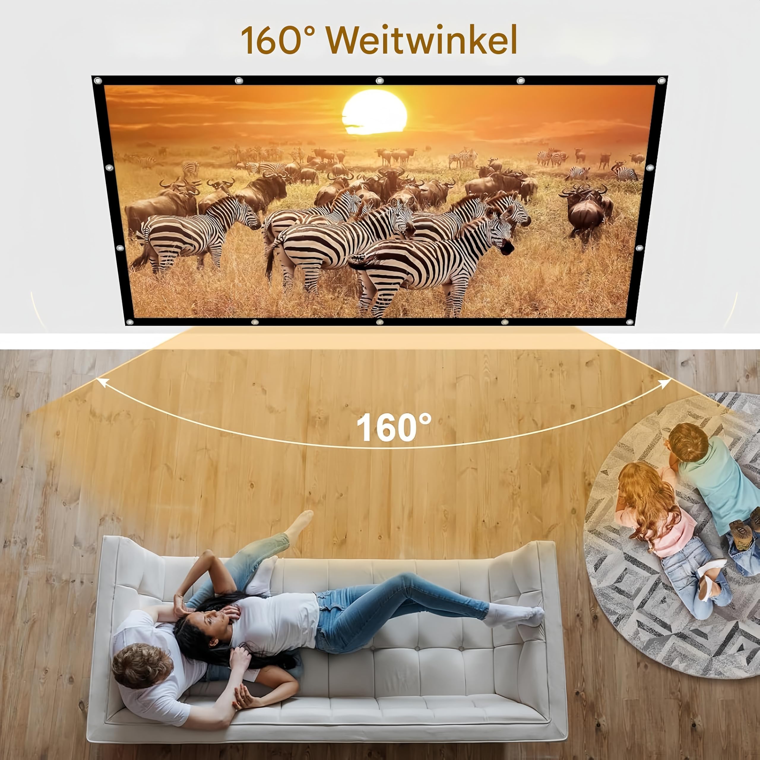 Leinwand Beamer 120 Zoll: Ruschen verdickt und tragbare Beamer Leinwand 265 x 149 cm, 16:9 HD faltbar & knitterarme Projektionsleinwand für Heimkino, Garten, Camping, Büro, inkl. Haken & Seile
