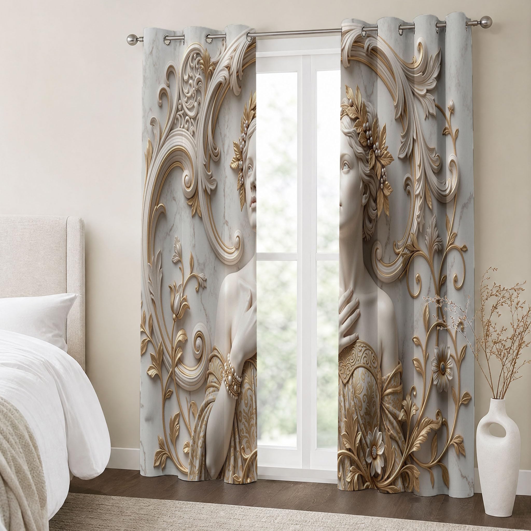 Europäischer Palast Schallschutz Blickdichte Vorhänge Wohnzimmer, 3D-Schöne Frau Verdunklungsvorhänge, Gold Thermovorhang Gardinen Mit Ösen Schlafzimmer - H175 x B140 cm (2er Pack)