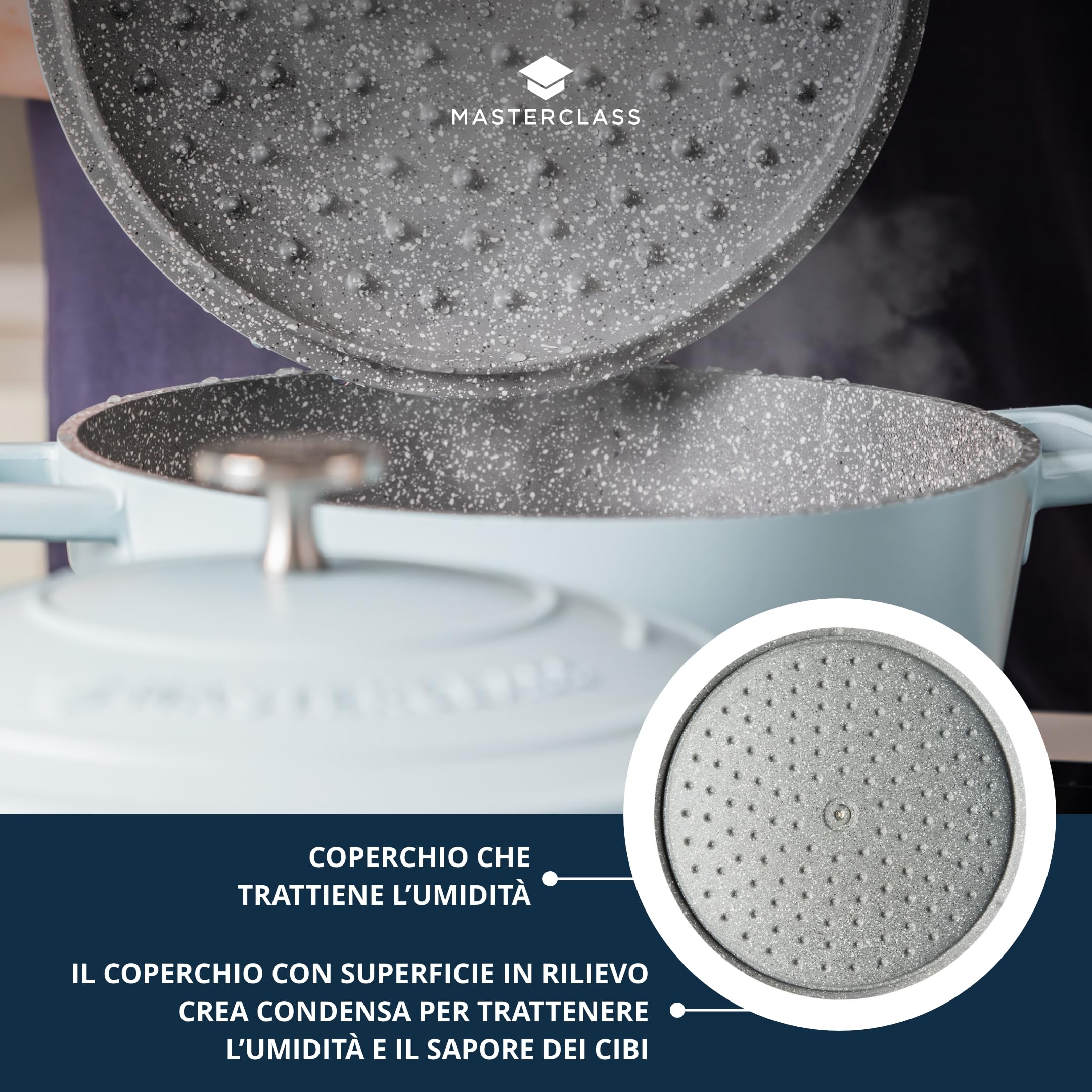 MasterClass Casseruola con coperchio, grande 5L/28 cm, leggera in alluminio fuso, sicura per forno e piano cottura a induzione, blu cielo