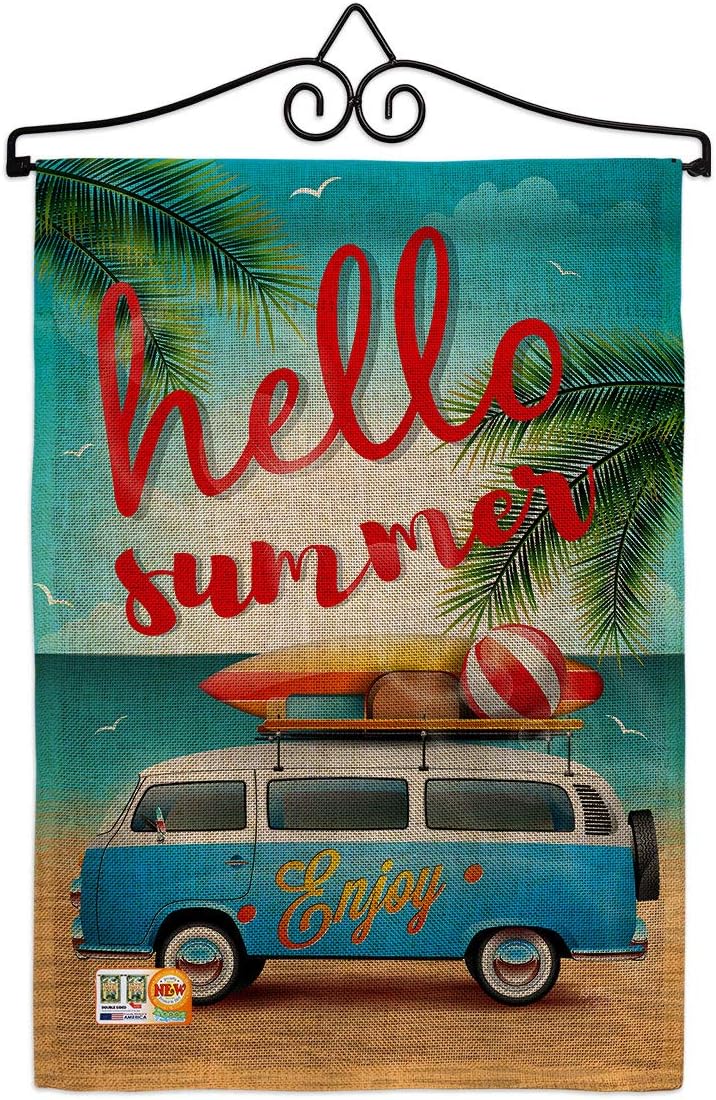 Hello Summer Enjoy Bus Garden Flag Set Wall Hanger Summertime Fun and Sun Beach Pool Luau Tropical Party Season Outdoor Sunny Small Gift Yard House Banner Made In USA 13 X 18.5