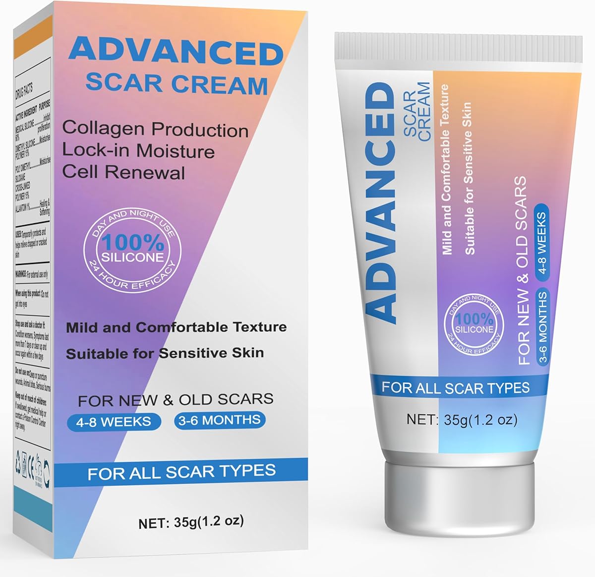 Silicone Scar Gel Scar Cream, Advanced Scar Removal Cream - Reduces The Appearance of C-Section, Injury, Stretch Marks, Acne, Burns, Keloids, Old & New Scars, 35g (1.2oz)