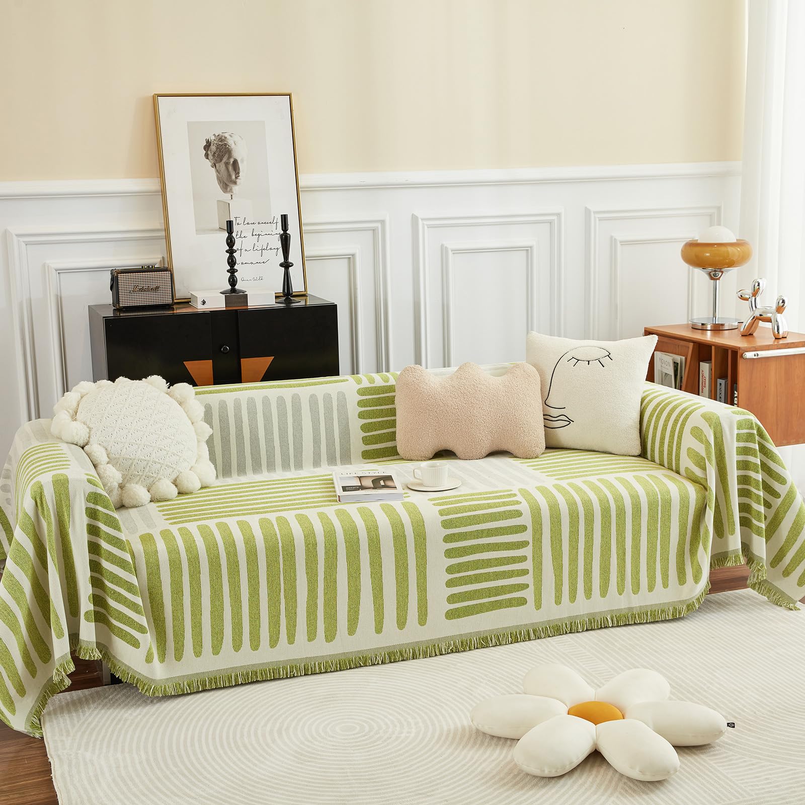 DREAMINGO Striped Chenille Couch Cover Sectional Sofa Covers 3 Cushion Couch Pet Furniture Protector Sofa Cover for Dogs Washable Multi-Use Couch Covers for Sofa Green Sofa Slipcover 71"x150" — image 1