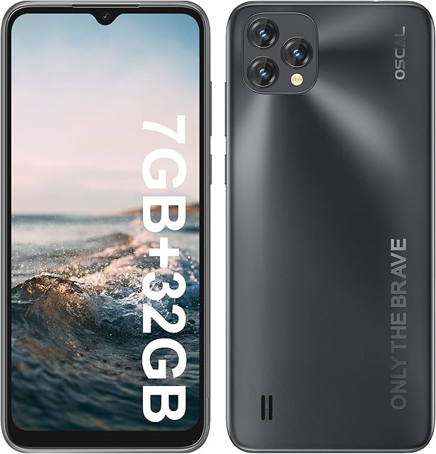 OSCAL Mobile Phone, C60 SIM Free Unlocked Smartphone, 6.528" HD+ Display, Max 7GB RAM, 32GB, microSD 1TB expandable, Dual SIM, 4780mAh Battery, 13MP+5MP, Android 11, Face ID, 2 Year Warranty, Black