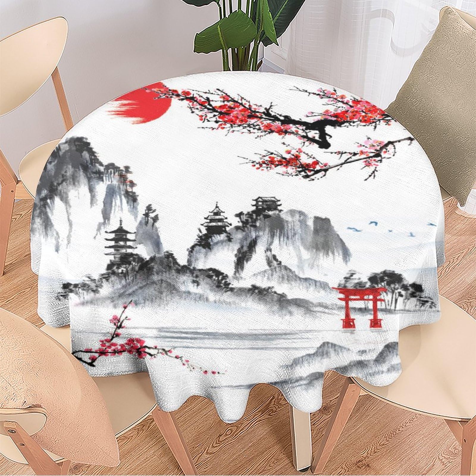 Smazdfxx Vintage Watercolor Japanese Round Tablecloths Machine Washable Indoor Outdoor Table Cloths Style Abstract Ink Japan Landscape Torii Gate 60Inch