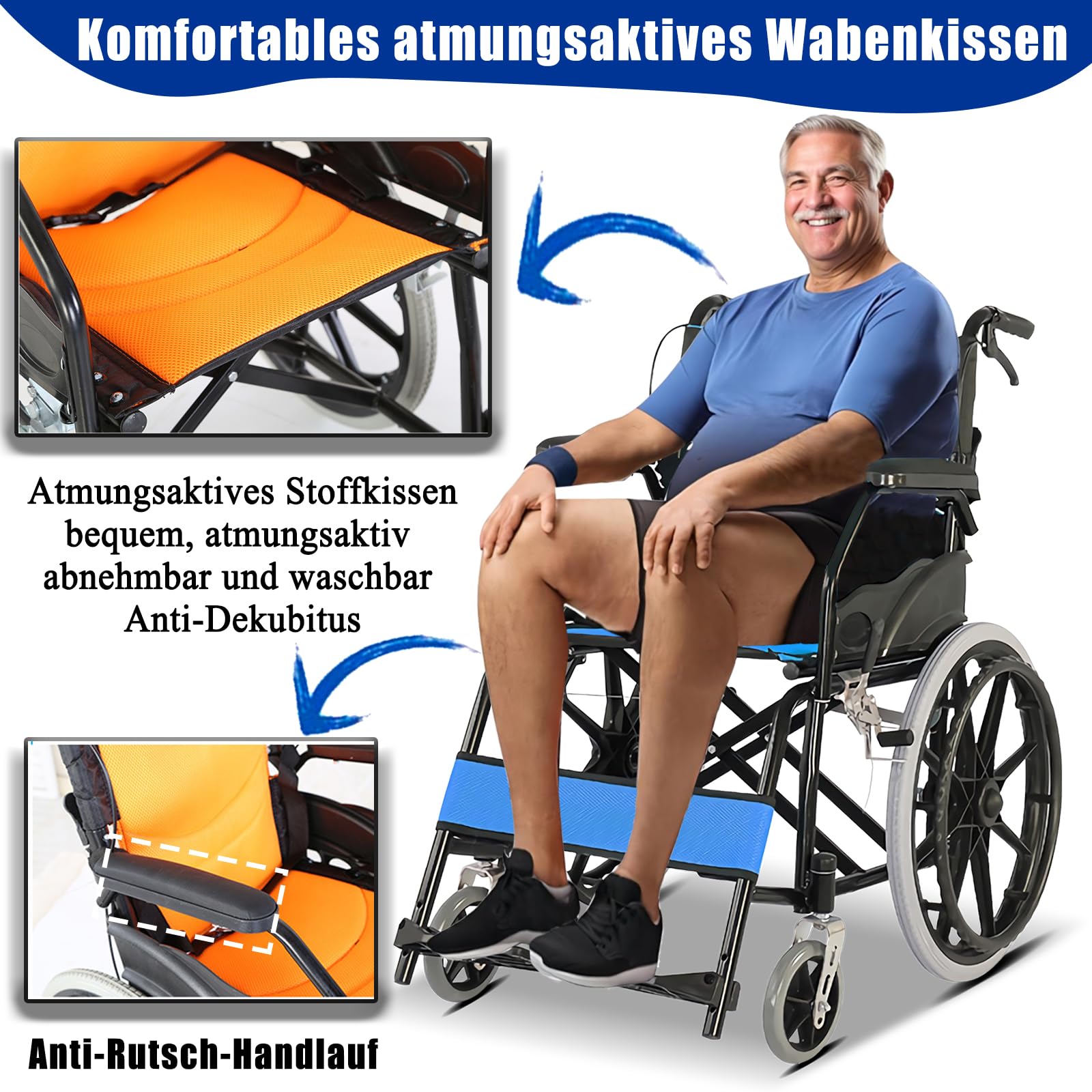 Faltbar Leicht Rollstuhl, Klappbar Transportrollstühle für Behinderte and ältere, Sitzbreite 44.5 cm, Belastbarkeit 150 kg, Ultraleicht Reiserollstuhl,Transportrollstuhl,Blau